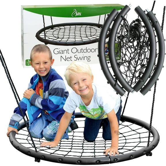 Tree Net Swing w Hanging Rope and Rings- Giant 40" Wide Two Person Indoor Outdoor Spider Web Swing Set- Great for Backyard, Playground, Playroom- Safe Durable, Fun for Boys Girls