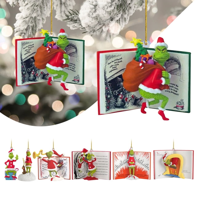 8cm Adornos navideños del Grinch, decoración del árbol de Navidad del Grinch colgando, divertidos adornos navideños del Grinch verde de resina para las fiestas familiares JadeP Colgante acrílico Grinch