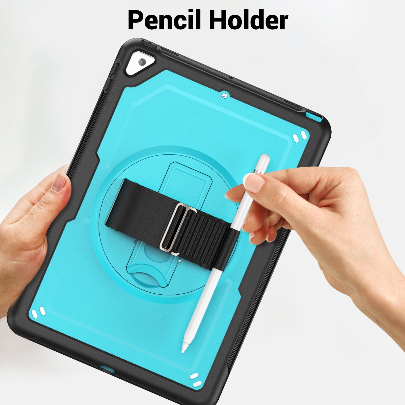 ELEHOLD Case for Apple iPad 10.2 2021/2020/2019 Pro 10.5'2017)(Air 3 10.5 (2019),Soft TPU Rugged Durable Case with 360° Rotating Hand Strap & Foldable Hidden Stand & Pencil Holder,Lightblue