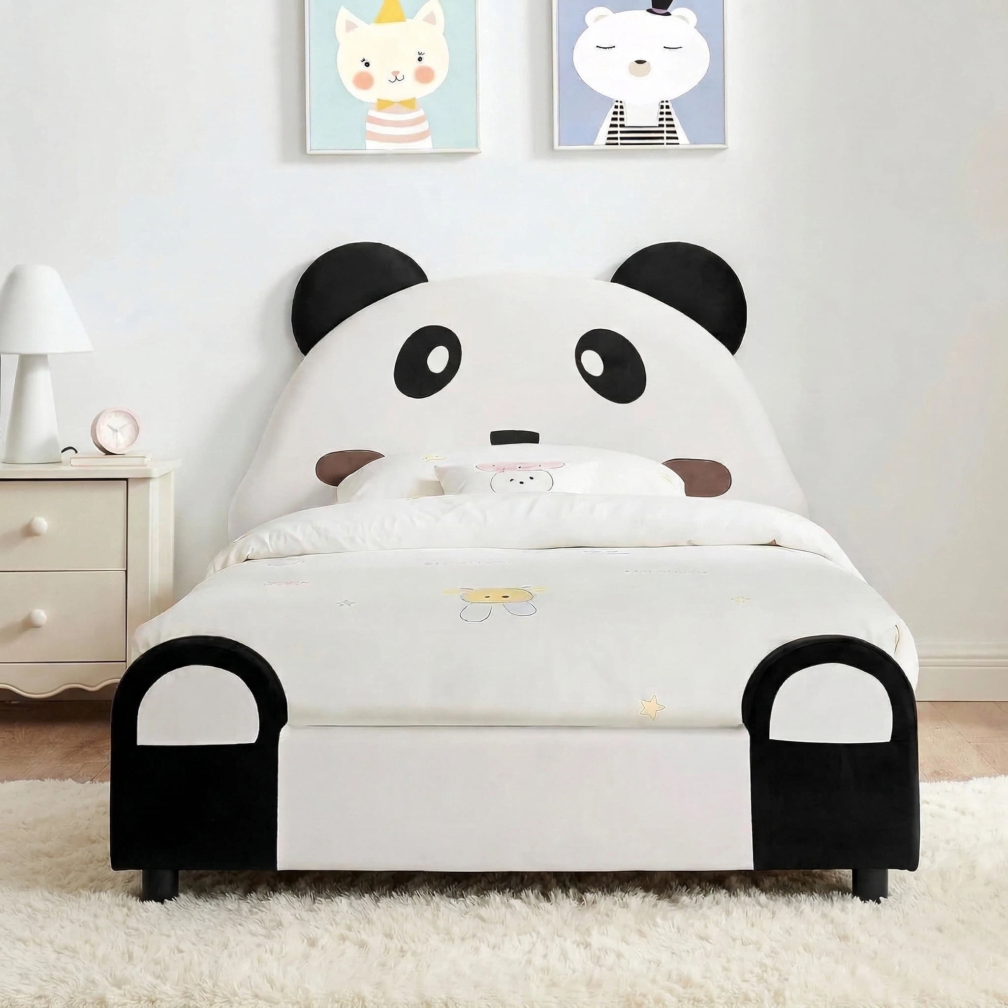 Aisword Twin Size Kid Bed with Panda Headboard, Upholstered Velvet Fabric Twin Daybed with Slats Support, Space-Saving Wooden Corner Sofa Couch Day Bed Frame for Girl, Boy, Teenager