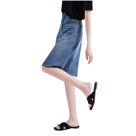 Fgnfyis High Waisted Denim Skirt Plus Size Casual A-Line Midi Split Skirt for Women Comfortable Wear Blue L