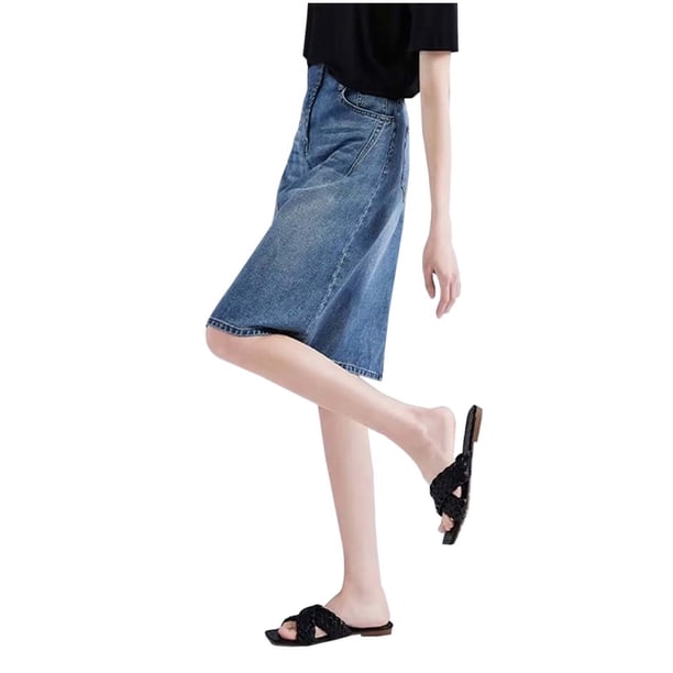 Falda midi vintage de denim con corte en A y cintura alta para mujer - Falda informal de verano adelgazante para tallas grandes