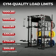 Mikolo Smith Machine Home Gym, All-in-One Power Rack with Smith Cage and Functional Trainer, Squat Rack with 2:1 Dual Pulley Cable System and Extended Forward Reach, Vertical Leg Press