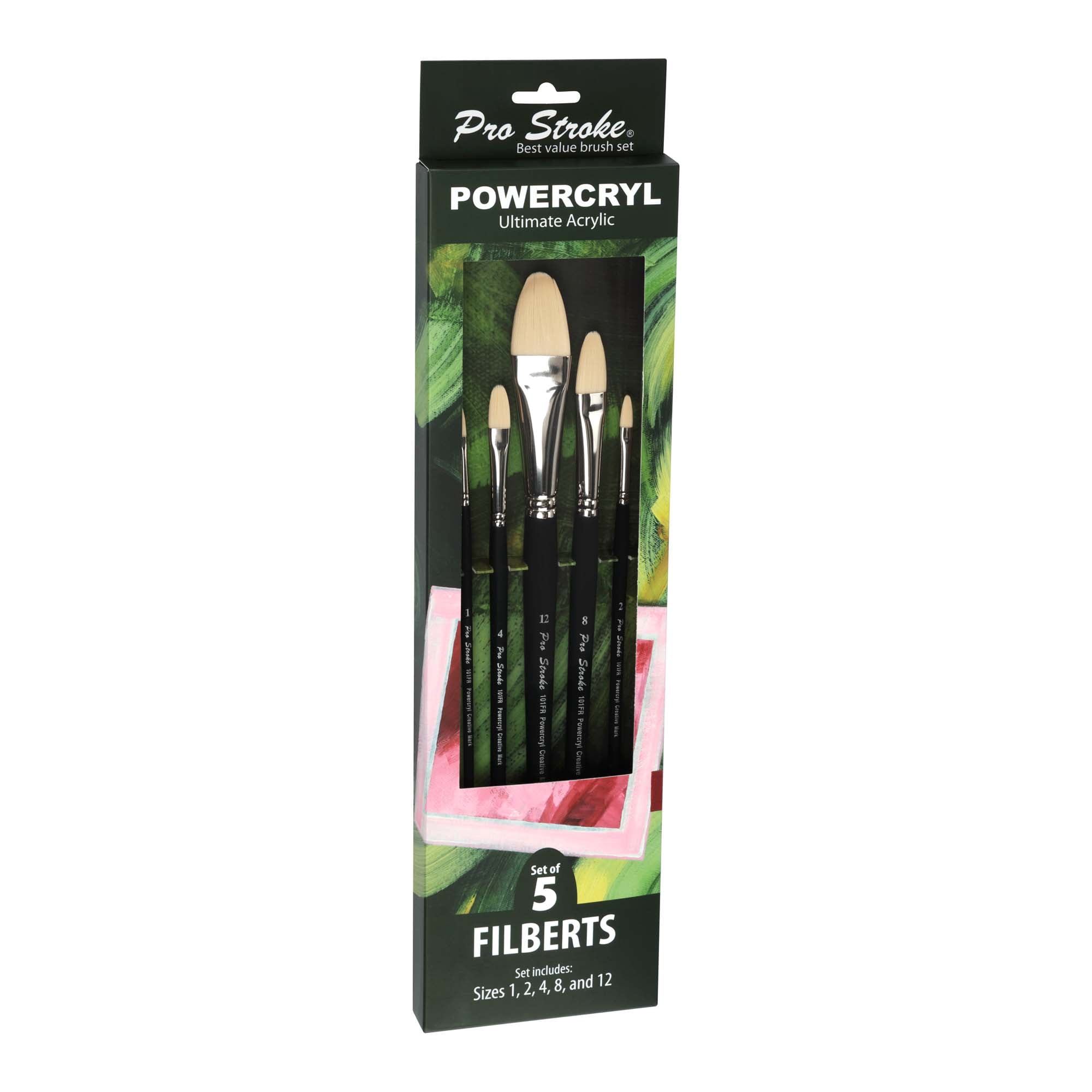 Creative Mark Pro-Stroke Powercryl Acrylic Paint Brushes - Filberts Value Set of 5, Synthetic Paint Brushes for Artists, Seamless Nickel-Plated Ferrules, Matte Black Wooden Handle, Soft-Touch Grip