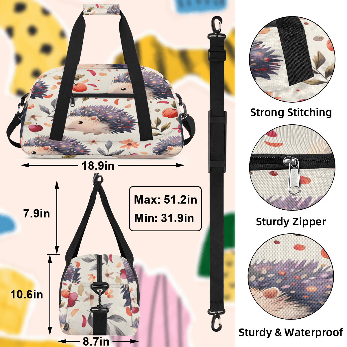 Herdesigns Cute Hedgehog Sports Duffle Bag for Women & Men, Animal Pattern Gym Bag Dance Bag Overnight Bag Carry On Weekender Travel Bag