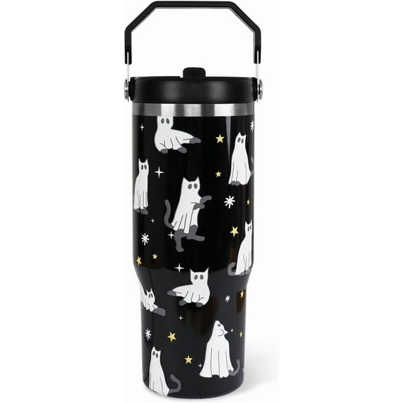 Halloween Tumbler with Lid and Straw 30oz,Black Cute Ghost Cat Vacuum Insulated Leak Proof Tumbler,Goth Cute Spooky Gift Women Kids Teen Girls,Halloween Accessories Stainless Steel Coffee Cup