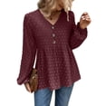 thumbnail image 3 of MAWCLOS Ladies Loose Puff Sleeves Tunic Blouse Spring Buttons Decor Chiffon Tops Claret XXL, 3 of 4