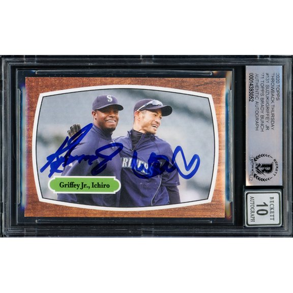 Collectible Ken Griffey Jr. & Ichiro Suzuki Autographed 2020 Topps Throwback Thursday Card #131 Seattle Mariners Auto Grade Gem Mint 10 Beckett BAS #14393052