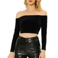 thumbnail image 1 of INSPIRE CHIC Women's Boat Neck Long Sleeve Off Shoulder Cropped Velvet Blouse XS Black, 1 of 6