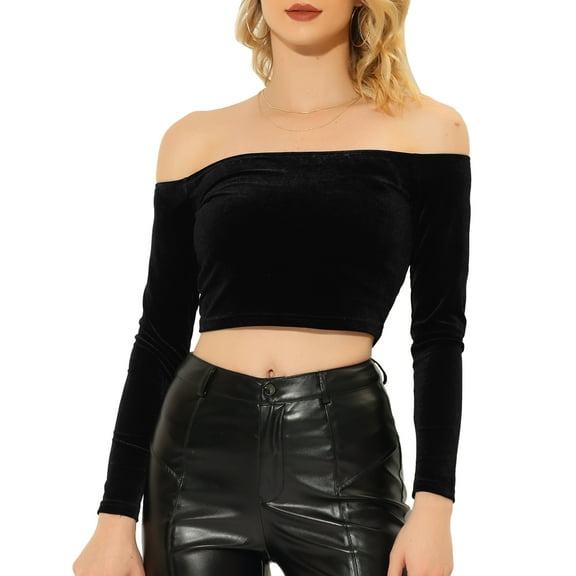 INSPIRE CHIC Women's Boat Neck Long Sleeve Off Shoulder Cropped Velvet Blouse XS Black