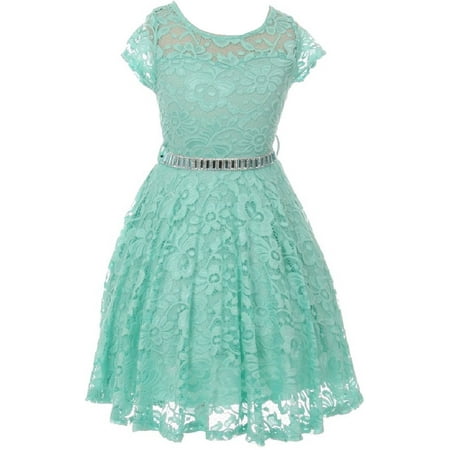 Wedding Dress Mint Tin Little Girl Cap Sleeve Lace Skater Stone Belt Flower Girls Dresses (19JK88S) Mint 2 ()