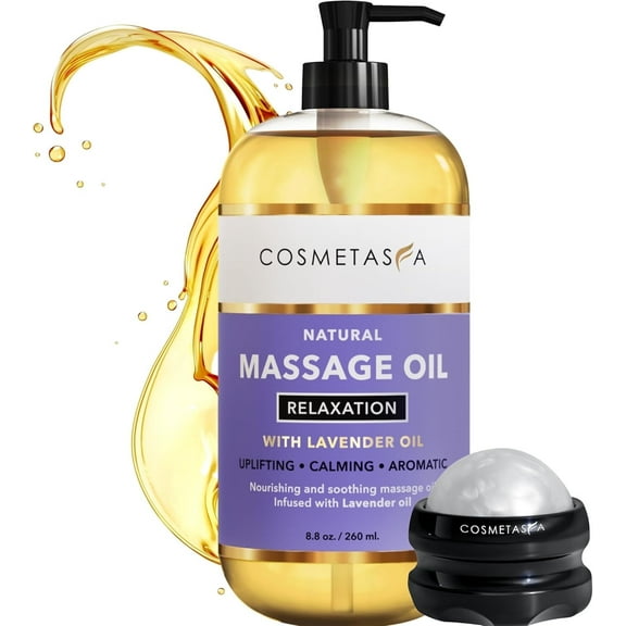 Cosmetasa Natural Massage Oil with Lavender Oil, Spa Kit with Massage Roller Ball, 8.8 fl oz