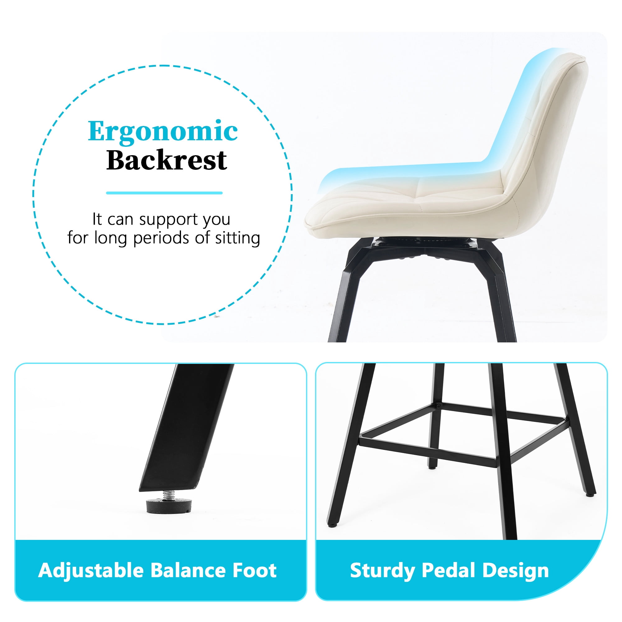 ClinQ 26 inch Swivel Counter Height Bar Stool Set of 3, Faux Leather Seat with Metal Legs and Back, White