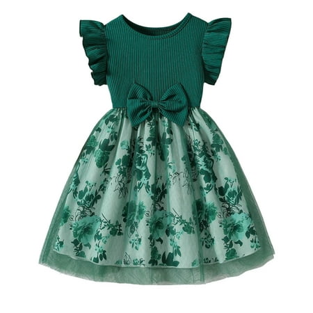 Dress for Girls Flutter Sleeve Bow Knot Floral Print Mesh Layered Casual Kids Age 1 7 Years Girls Boho Dress