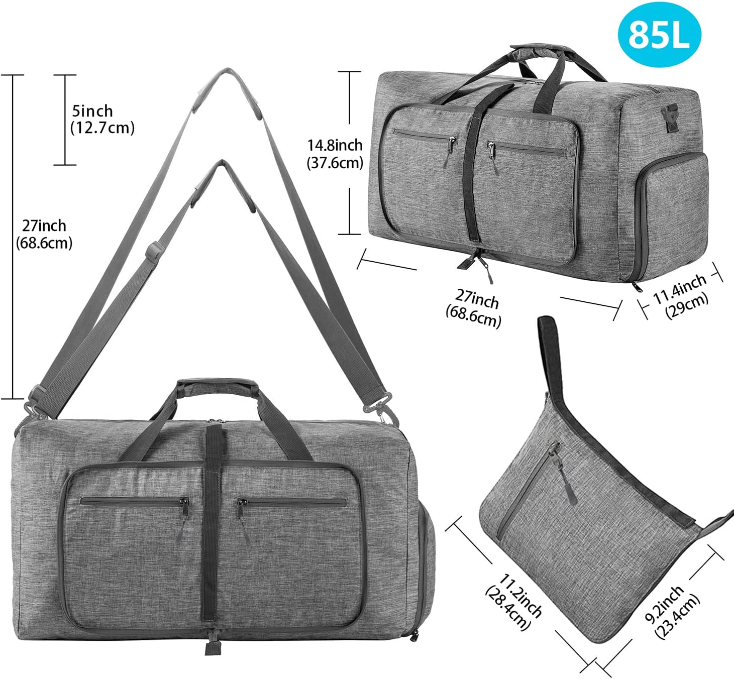 Ht Viik 65L/85L Foldable Travel Duffle Bag, Lightweight Checked Luggage with Shoe Compartment, Water-Resistant Weekender Overnight Bag for Men & Women