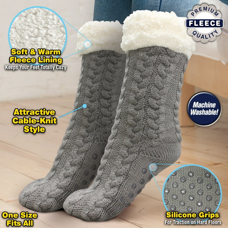 Huggle Socks, Fleece Slipper Crew Socks with Non-Slip Grips, One Size  Unisex, Gray