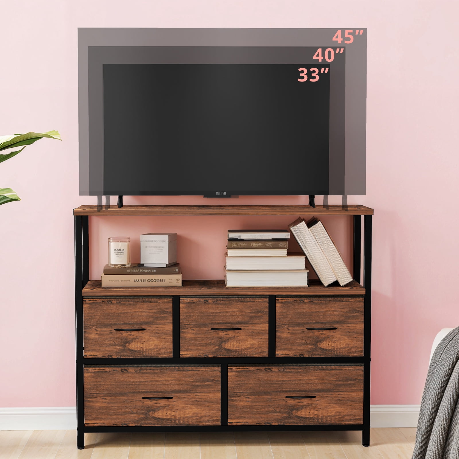 Small TV Stand, Brown Dresser TV Stand for Bedroom, Entertainment Center for 45 Inch TV with Drawers, Fabric, Adjustable Feet, Living Room