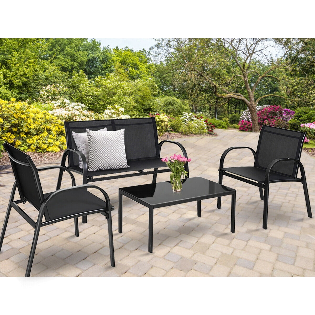 Devoko 4 Pieces Patio Furniture Set Outdoor Garden Patio Conversation Sets Poolside Lawn Chairs with Glass Coffee Table Porch Furniture Black 
