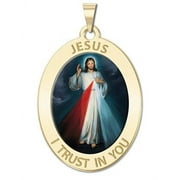 Divine Mercy Oval Religious Medal Color - 2/3 X 3/4 Inch Size of Nickel, Solid 14K Yellow Gold