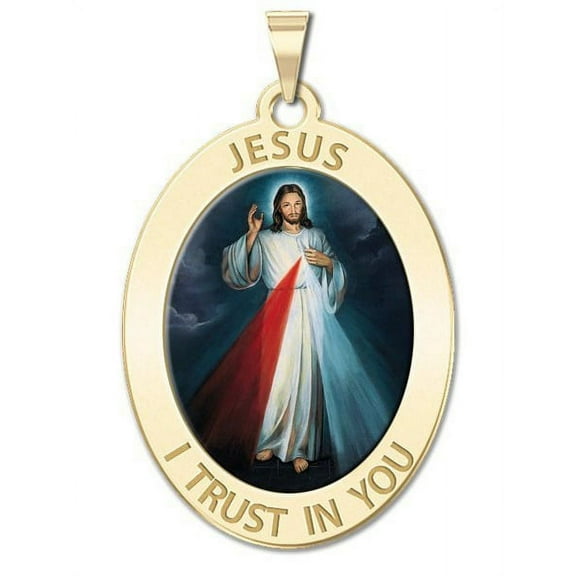 Divine Mercy Oval Religious Medal Color - 1/2 X 2/3 Inch Size of Dime, Solid 14K Yellow Gold