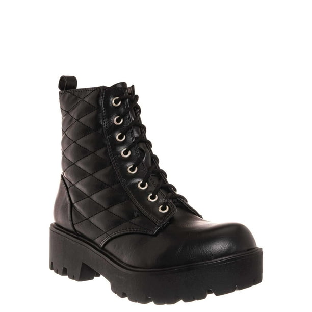 Diamond Quilted Block Heel Combat Boot