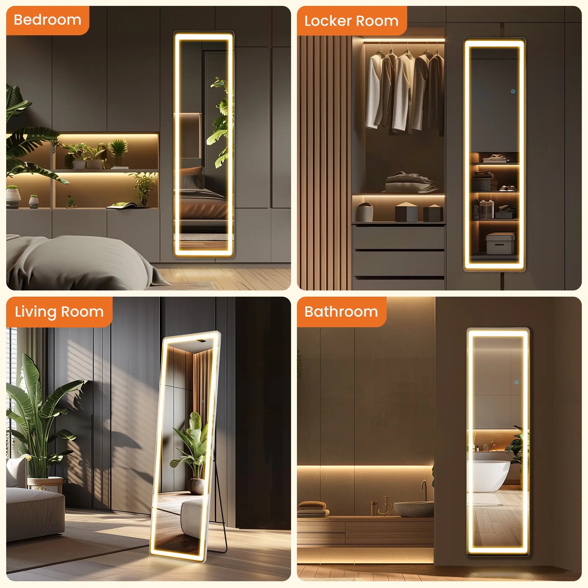 Aukfa 60" x 16" LED Full Length Mirror, Wall Mounted Floor Standing with Touch Control & 3-Color Dimmable Lights