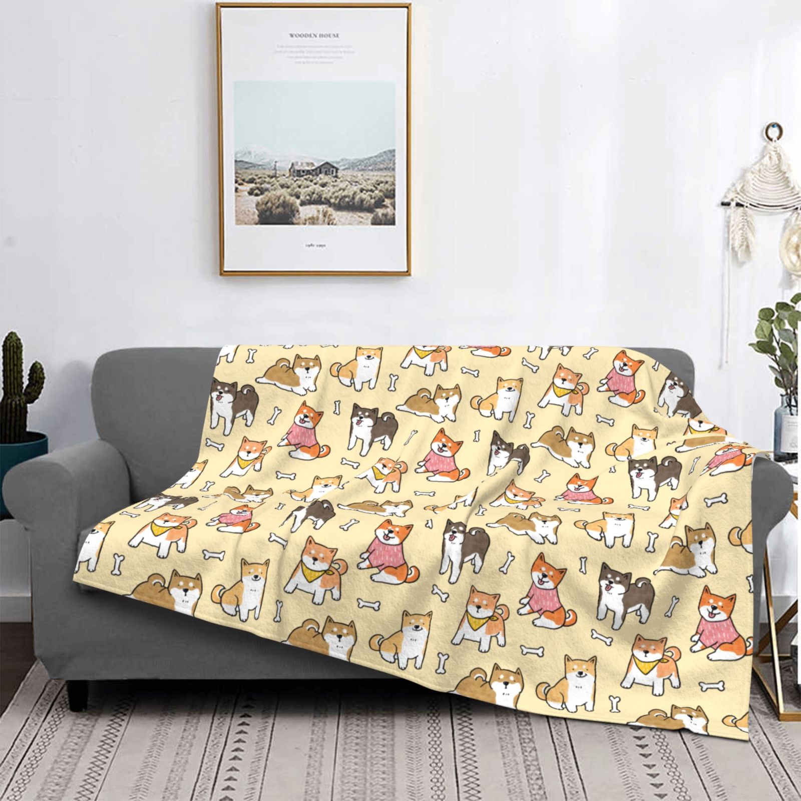 Throw Blanket for Couch - Cartoon Shiba Inu Dog Soft Comfy Lightweight Cozy Warm Throw Blanket, Fuzzy Plush Flannel Blanket & Throws for Sofa and Bed All Season