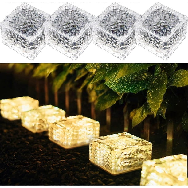7 x 7 x 5 cm 4 Pack Warm White PVC Solar Bricks with Light Sensor, On/Off Solar Lights for Garden Path, Lawn, Yard, Patio, Pond