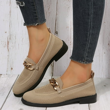 

PhoneSoap Fashion Autumn Women Casual Shoes Flat Low Heel Fly Woven Mesh Breathable Comfortable Slip On Chain Beige