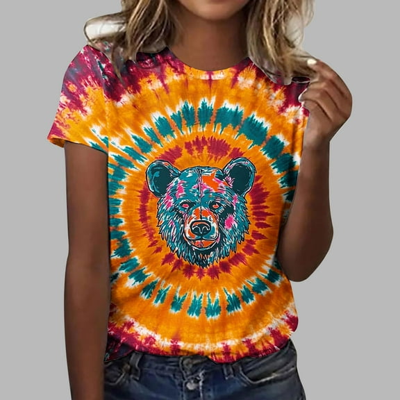 QUNYINEY Short Sleeve T Shirts for Women Crew Neck Casual Tie Dye Tops Animal Print Pullover Loose Shirts
