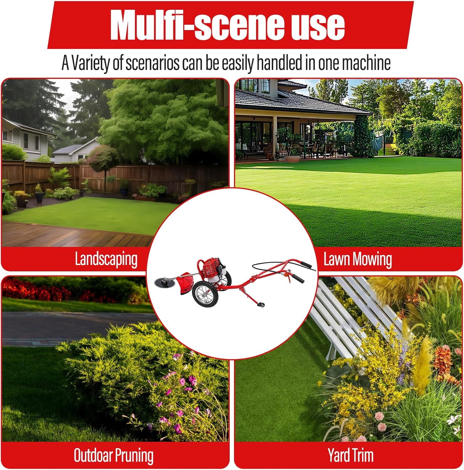 Miumaeov 49CC 2-Stroke Gas Powered Lawn Mower, Hand Push Lawn Mower Trimmer, Brush Mower Gasoline Brush Broom Sweeping Machine, Gas Brush Cutter String Trimmer for Yard