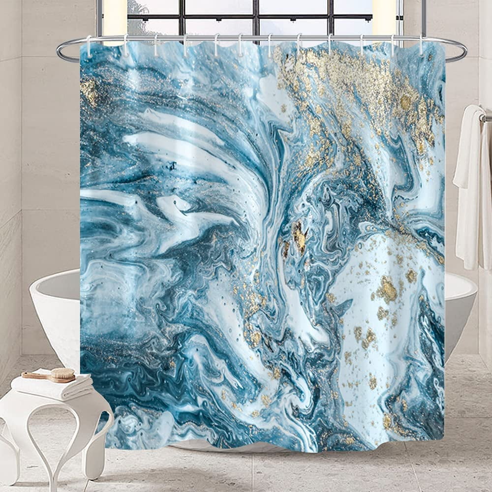 Extra Long Marble Bathroom Shower Curtain 84 Inches Length Blue White Gold Waterproof Fabric Shower Curtains with Hooks Watercolor Abstract Shower Curtains Cloth for Home Bath Decor 72x84 inches