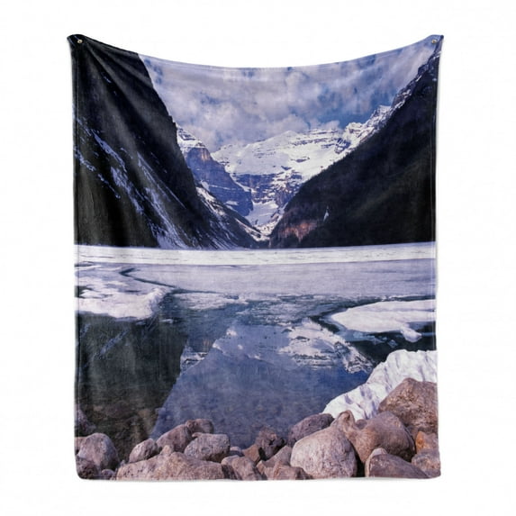 Winter Soft Flannel Fleece Throw Blanket, Lake Louise Alberta Canada Tourist Attraction Mountains Travel Theme, Cozy Plush for Indoor and Outdoor Use, 60" x 80", Dark Purple Lavender, by Ambesonne