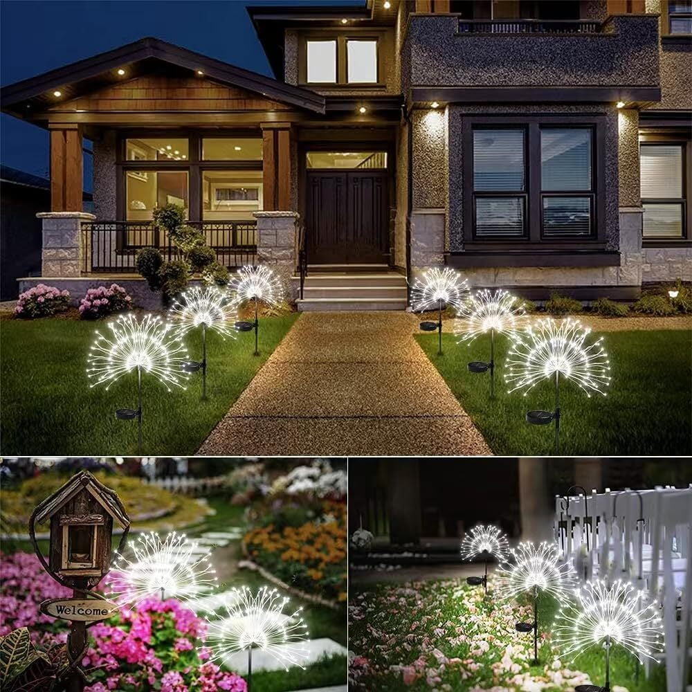 Solar Garden Firework Lights Outdoor Waterproof, 2 Pack Solar Powered Art Stake Twinkle Lighting for Outside Decor, 120 LED Sparklers String Lights for Yard Pathway Decorations(White)