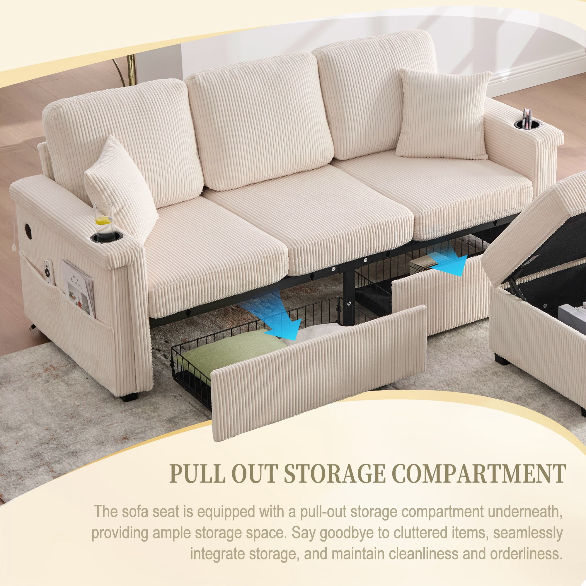 L-Shaped Sectional Sofa,Corduroy Convertible 3-Seat Sofa Couch with Pull-Out Storage,Ottoman for Living Room,Apartment,Beige