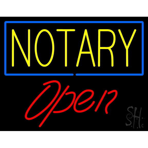 Yellow Notary Blue Border Open LED Neon Sign 15 x 19 - inches, Black Square Cut Acrylic Backing, with Dimmer - Bright and Premium built indoor LED Neon Sign for Defence Force.