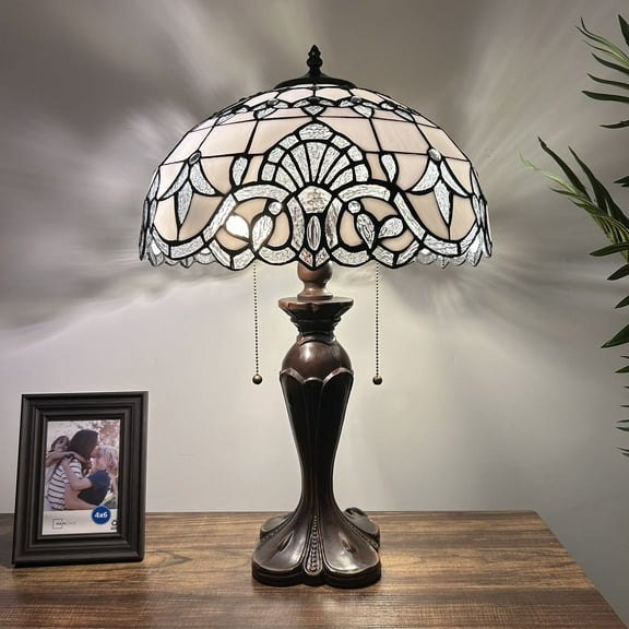Tiffany Table Lamp White Stained Glass Baroque Style Lavender LED Bulbs Included For Bedroom Living Room 16"W*16"D*24"H