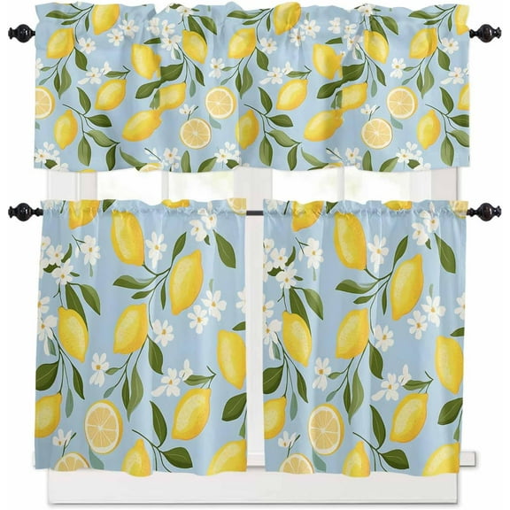 Kitchen Curtains and Valances Set, Lemon White Flowers Blue Backdrop Rod Pocket Window Valance 18 Inch Window Curtain Panels for Living Room Bedroom Laundry, 27.5x24in, 3 Pieces