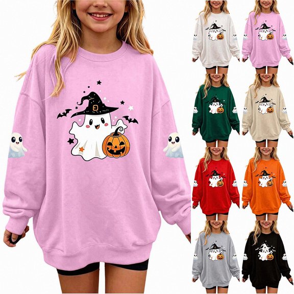 DJDLJWCJ Girls Halloween Fleece Sweatshirt Long Sleeve Crew Neck Oversized Graphic Pullover Kids Fall Casual Halloween Sweatshirts Pink Size 2T