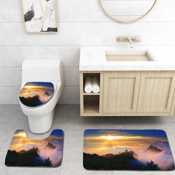 GOHAO Yaoshan Mountain at Dawn 3 Piece Bathroom Rugs Set Bath Rug Contour Mat and Toilet Lid Cover