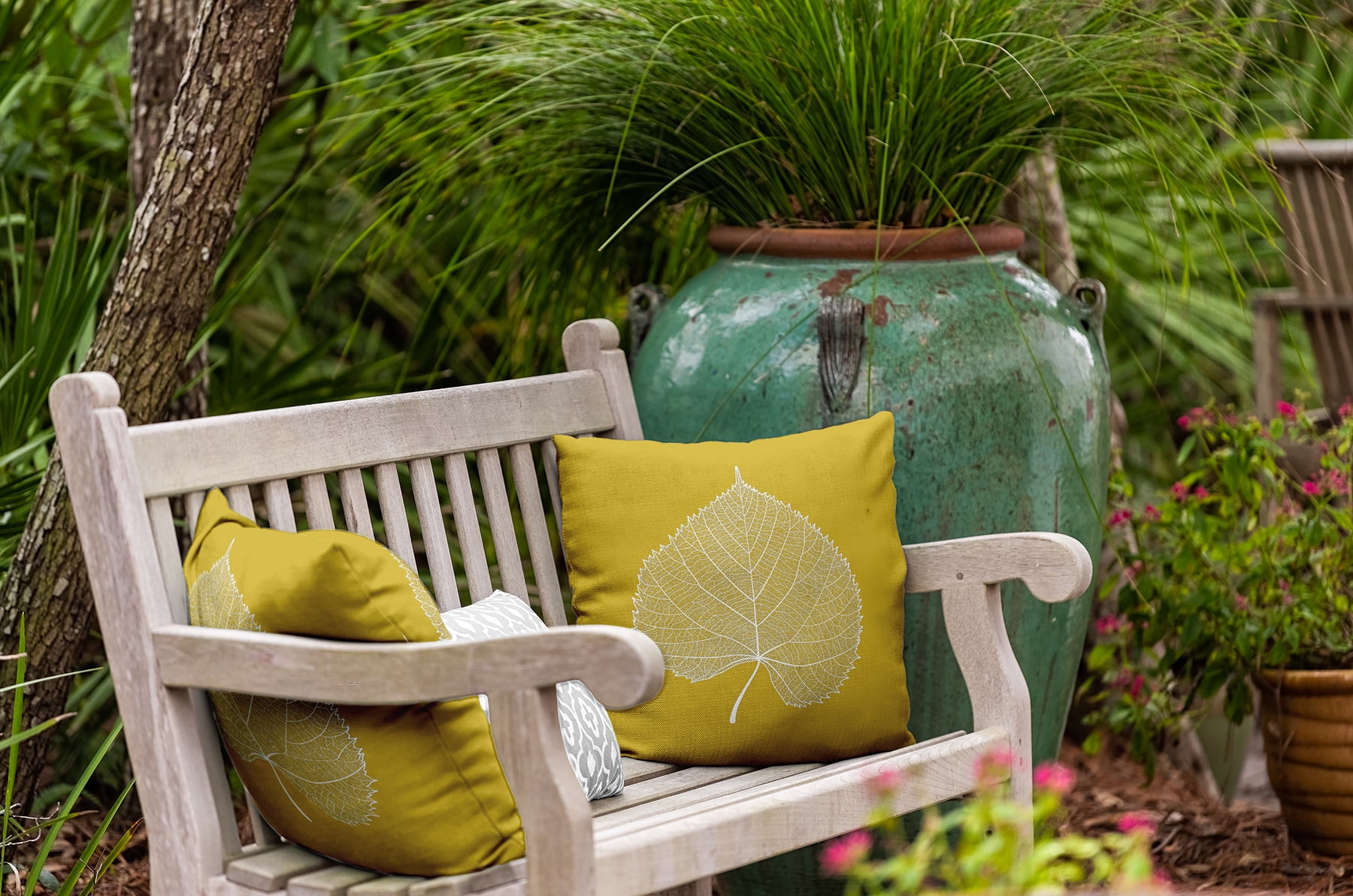 16" x 16" Simply Daisy Leaf Study Polyester Indoor/Outdoor Pillow, Mustard Qty 1