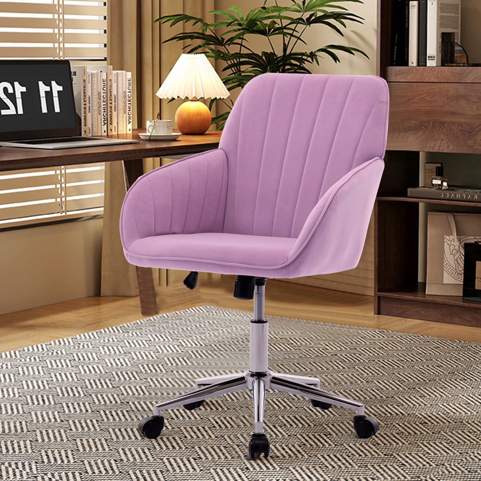 PORKISS Upholstered Desk Chair with Wheels, Ergonomic Adjustable Office Chair, Swivel Computer Task Chair with Velvet for Home Living Room Bedroom Workspace, Lilac
