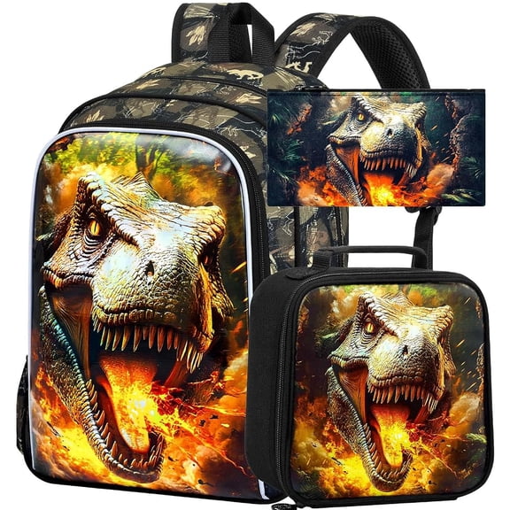 3PCS Fire breathing dinosaur Backpack for Boys, 16" Kids Backpacks for Boys Water Resistant Preschool, Elementary Bookbag with Lunch Box