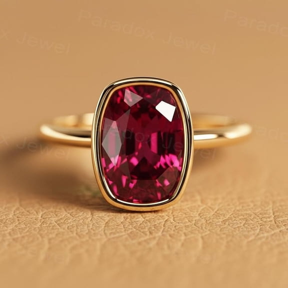 10x14 mm Ruby Engagement Ring, Elongated Long Cushion Cut Bezel Set Ring, Hidden Halo Solitaire Ring, Red Gemstone Silver With Yellow Gold Ring Promise Ring Gift