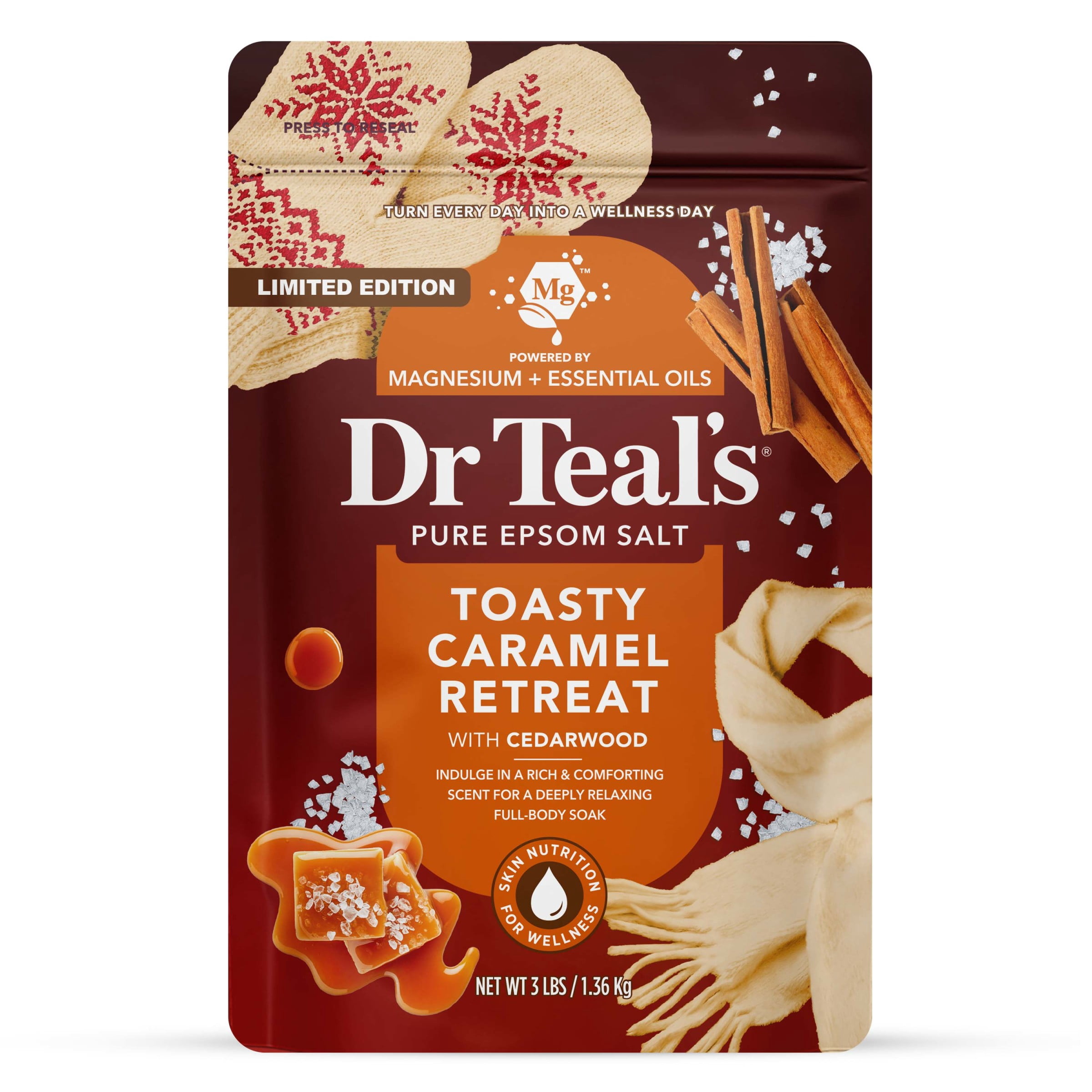 Dr Teal's Toasty Caramel Epsom Salt Magnesium Bath Soak, Essential Oil, 3 lbs