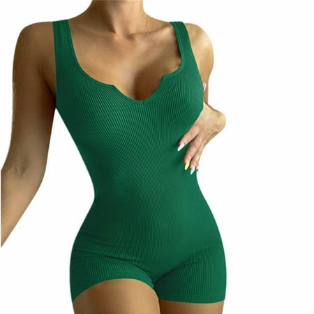 amkenre Biker Shorts Women s Solid Color Casual Knit Ribbed V-Neck Tank Top Sleeveless Sports Shorts Jumpsuit Casual Cozy Lightweigt Women s Pants Loose Cozy womens swim golf shorts