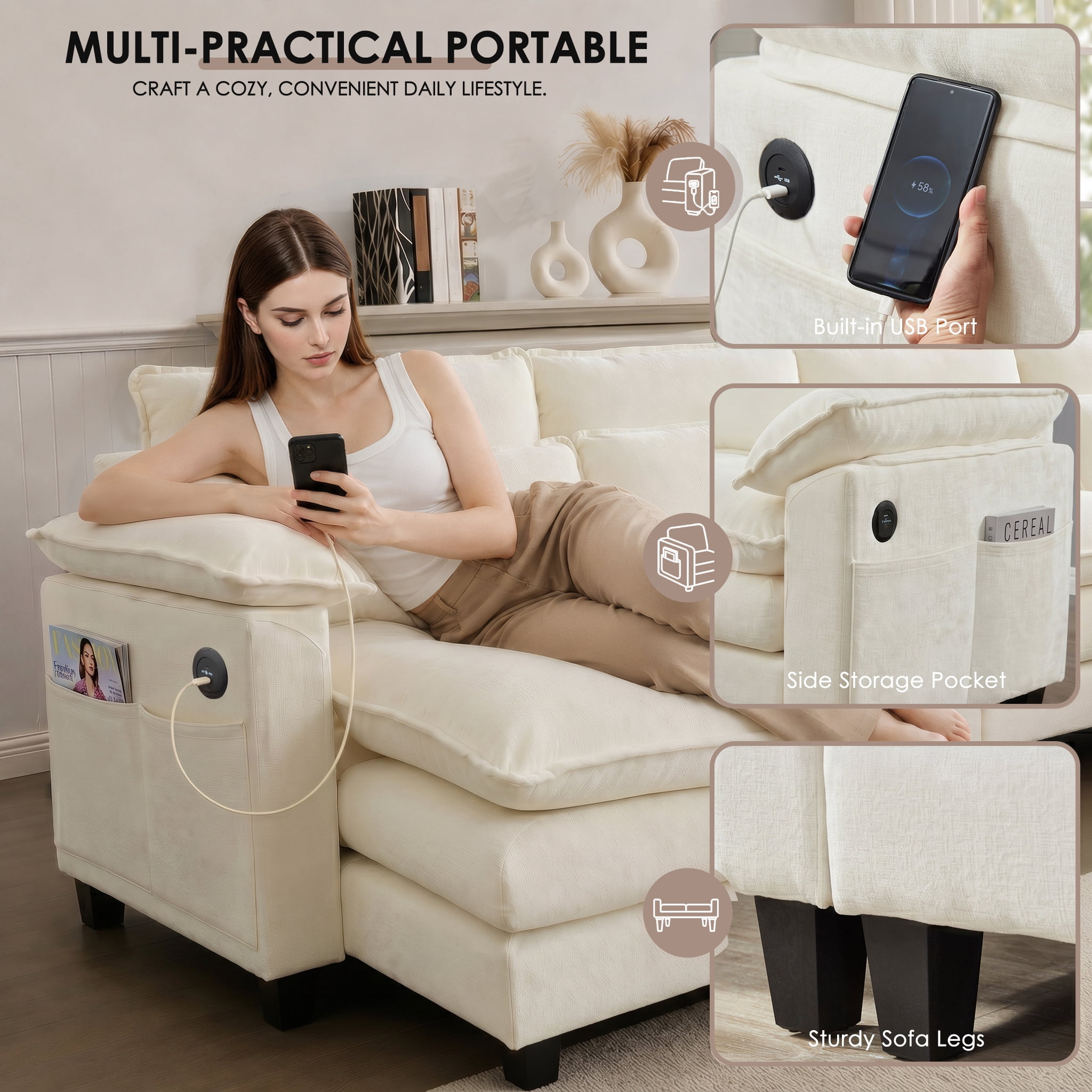 AISWORD 157" U Shaped Cloud Couch Sectional, Oversized Modular Sofa with USB Charging, Hidden Storage, Cup Holders & Double Chaise for Living Room, Beige