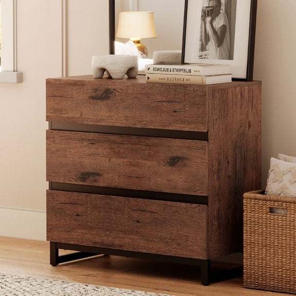 3-Drawer Wood Dresser with Concealed Handles & Metal Base, Modern Chest of Drawers for Bedroom, Living Room, Brown