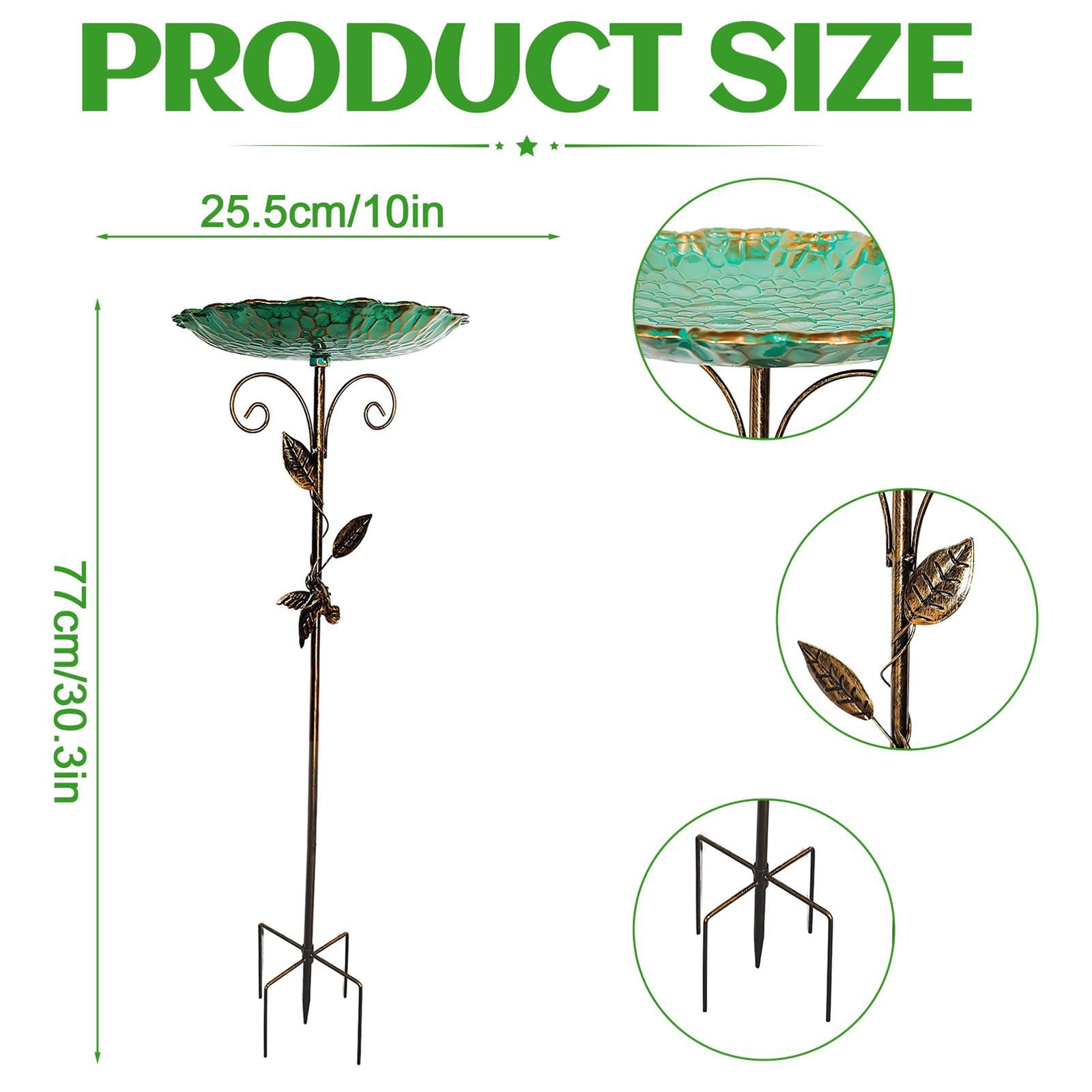 Metal Bird Bath for Outside,Hand-Painted Outdoor Birds Baths Water Bowl with Stake for Garden Patio Yard Lawn Decor,10*30" H Bird Feeder with 4 Prongs Base,Vintage Freestanding Birdbaths & Birdfeeder