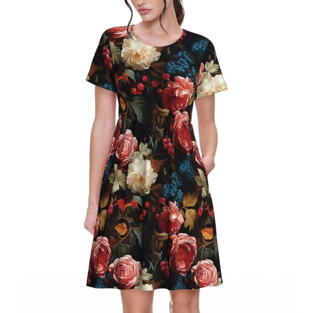 Disketp Rose Flowers para Vestido de Manga Corta para Mujeres, Vestidos de Verano para Mujeres, Casual y Holgado para la Playa